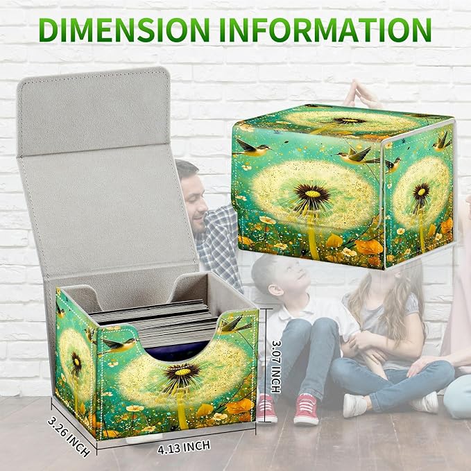 Card Deck Box for MTG, Cards Storage Box Fits 120+ Sleeved, Leather Small Size Strong Magnetic Closing Card Case for Board Games Magic TCG CCG Baseball Collection, Blue Dandelion