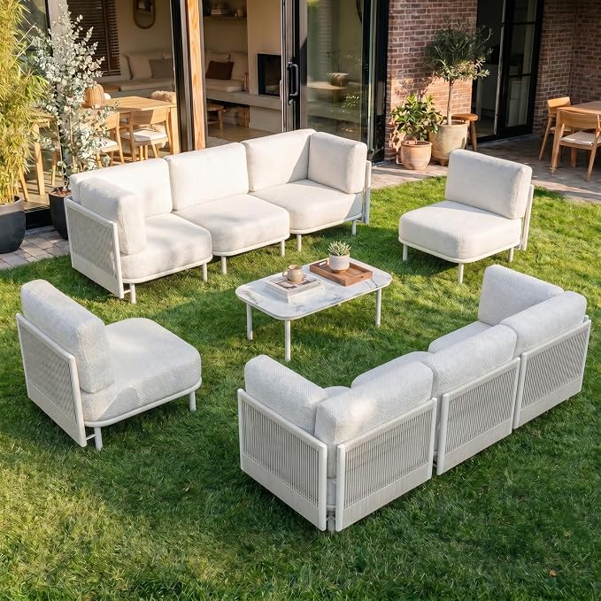 LayinSun 9 Pieces Patio Furniture Set with Coffee Table, Modern Outdoor Modular Sectional Conversation Set L-Shaped Sofa with 7-inch Cushion for Garden Backyard Deck