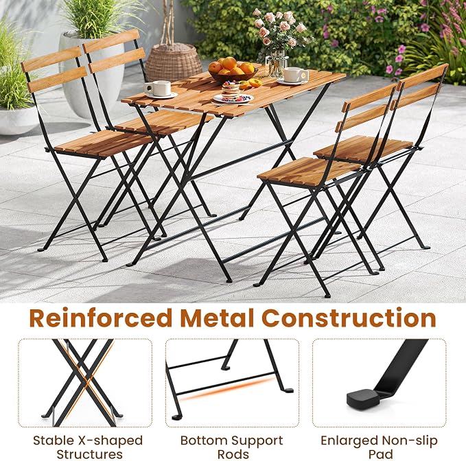 Tangkula 5 Piece Patio Folding Dining Table and Chair Set, Outdoor Space Saving Rectangular Acacia Wood Table and Foldable Chairs with Metal Frame, for Yard Porch Deck Backyard