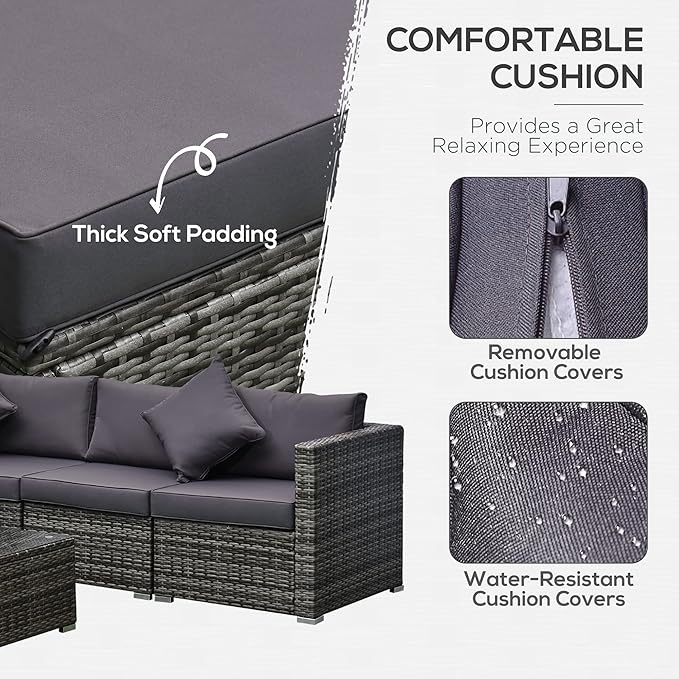Outsunny 6 Piece Patio Furniture Set Outdoor Wicker Conversation Set All Weather PE Rattan Sectional Sofa Set with Ottoman, Cushions and Tempered Glass Table, Mixed Gray and Gray