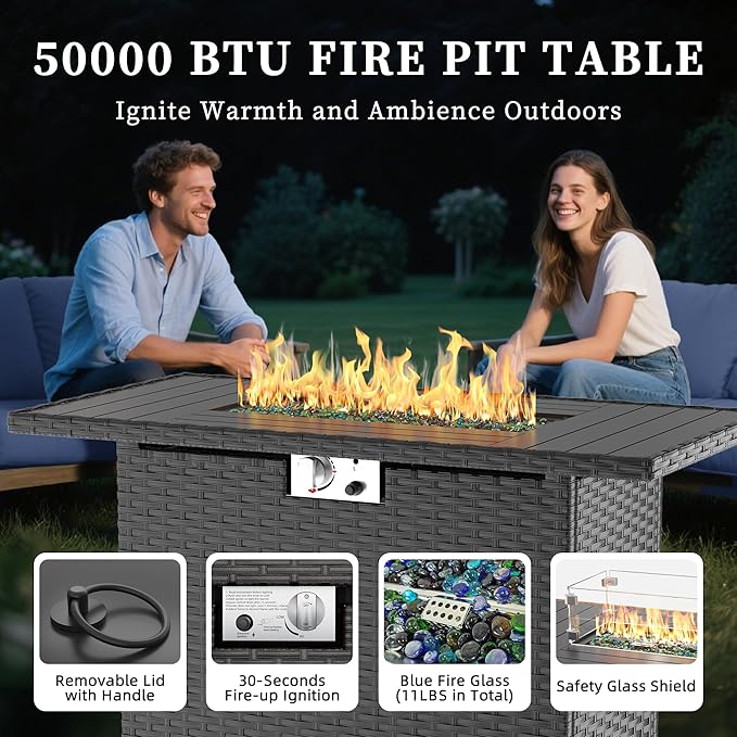 UDPATIO Patio Furniture Set with Fire Pit Table and Swivel Rocking Chairs, 6 Pieces Outdoor Wicker Furniture Set with Waterproof Cover, 4'' Thickened Cushion, Light Grey
