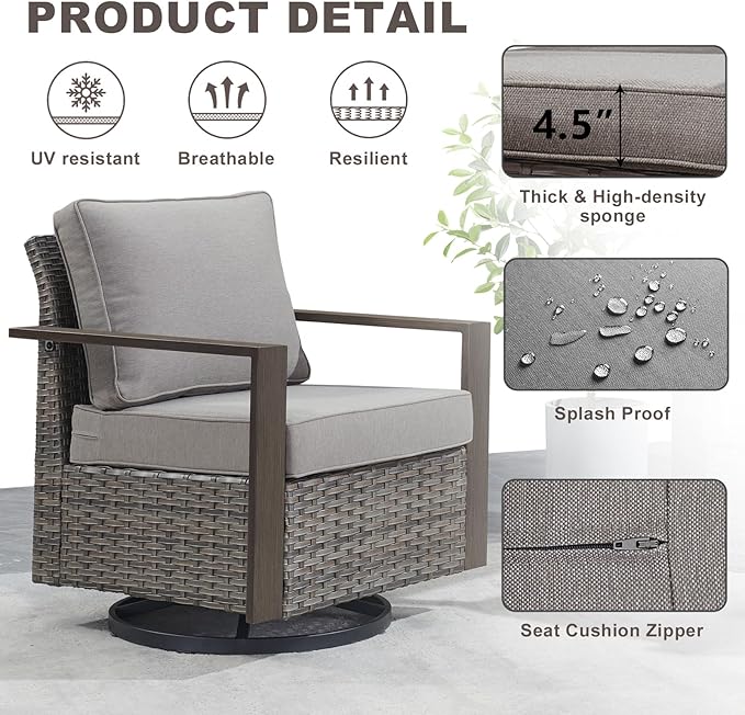 Rilyson Outdoor Wicker Patio Furniture Set - 4 Piece Patio Conversation Set with 2 Wicker Swivel Rocker Chairs,2 Rattan Ottoman, Thick Cushions, Deep Seating, Wide Armrest(Mixed Grey/Grey)