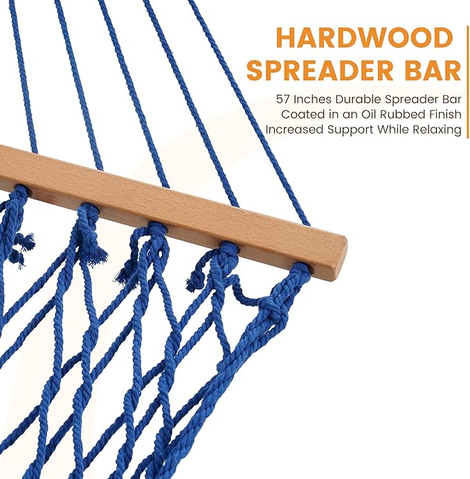 Lazy Daze Hammocks 12FT Double Rope Hammocks, 2 Person Hand Woven Cotton Hammock with Spreader Bar for Outside, Patio, Poolside, FIT 13-15 FT Stand, Max 450 Lbs, Blue, 141 x 57 inches