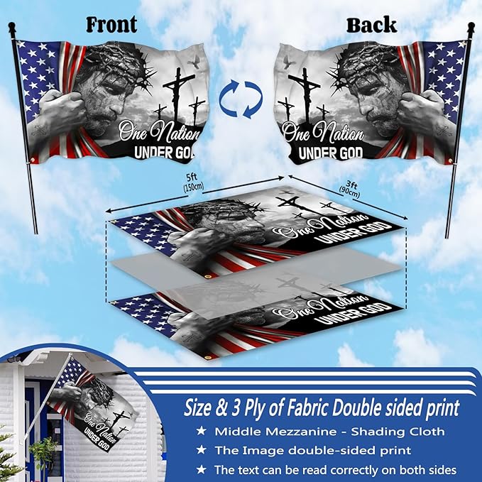 One Nation Under God Flag 3x5 Ft Double Sided American Flag With Jesus Christ On It Heavy Duty 3 Ply Polyester with 2 Brass Grommets for Outside House Yard Outdoor Faith Patriotic Flags Banner Decor