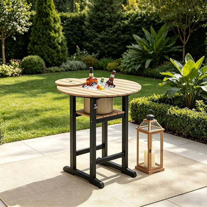 OTSUN Outdoor Adirondack Bar Table with Built-in Ice Bucket, 32“ Height Patio Large Pub Table for 4, All Weather Counter Height Table with Built-in Footrest for Outside Deck Porch Balcony Poolside