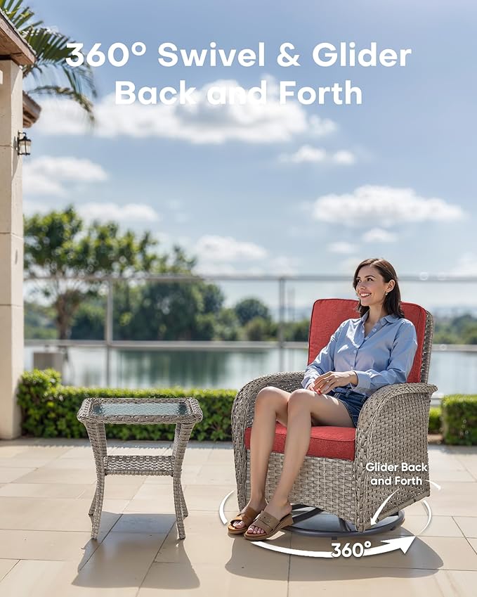 10-Piece Patio Furniture Set-Patio Rocking Chairs Set of 4 Outdoor Rattan Sofa Sets with Coffee Table Outdoor Patio Furniture Sets for Deck Porch Garden Balcony Poolside-Grey/Red