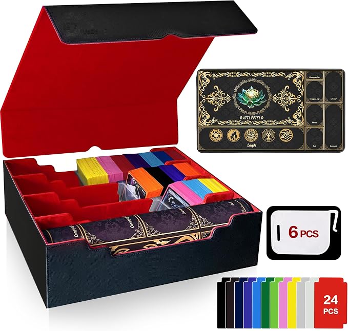 PROMAXIBINDER Trading Card Storage Box Fits 4000+ Cards, 4-Row MTG Commander Deck Case with Playmat, 6 Movable Partitions 24 Dividers PU Leather Magnetic Closure, Magic/TCG/YuGiOh/Sport (Black&Red)