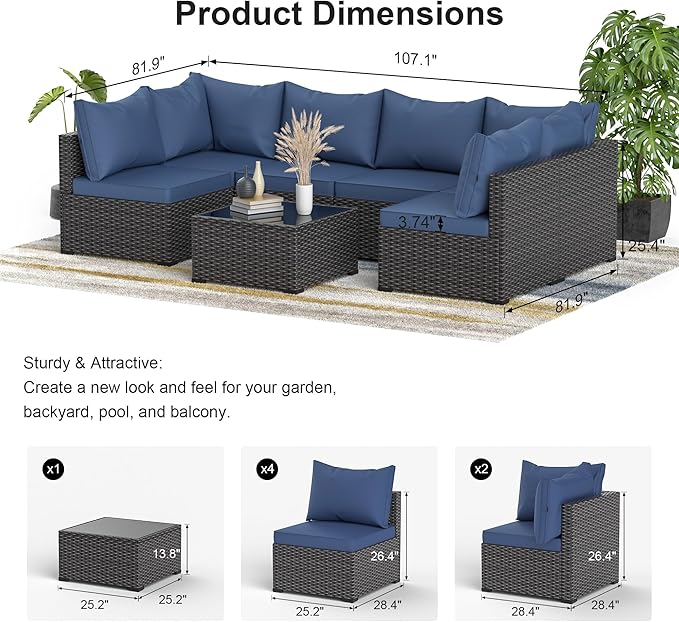 Patio Furniture Set, 7PCS Outdoor Sectional PE Rattan Patio Conversation Set w/Thickened Cushion Patio Sectional Modular Wicker Patio Sofa Set w/Coffee Table for Balcony, Backyard (Blue)
