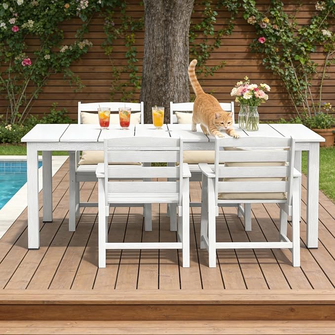 PLUUV 5-Piece Patio Dining Set, Hdpe Outdoor Patio Furniture Set with Aluminum Table Legs & Umbrella Hole, All-Weather Resistant Patio Table Set for Garden, Backyard, 4 Chairs & 1 Table, White