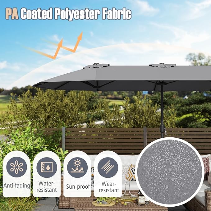 Tangkula 13FT Double-sided Patio Umbrella, Extra Large Twin Table Umbrella with Crank Handle, Umbrella Base, Safety Lock, Air Vent, Outdoor Market Umbrella for Garden Pool Backyard (Gray)