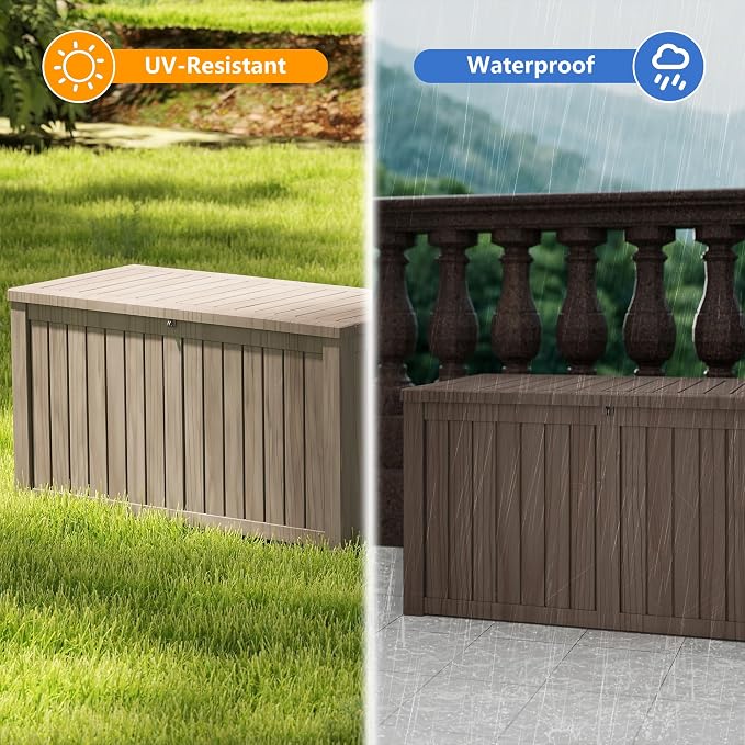 180 Gallon Deck Boxes Outdoor Waterproof, Outdoor Storage Box with Lockable Lid & UV-Resistant for Patio Furniture, Outdoor Cushions, Garden Tools and Pool Supplies, Light Brown