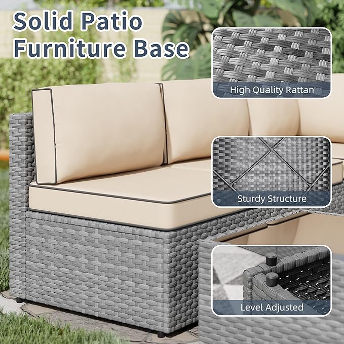 SUNLEI Outdoor Patio Furniture Set 5 Pcs, Rattan Balcony Furniture with Backrest Glass Table & Washable Cushions Small Conversation Patio Set with Sectional Design (Silver/Khaki)