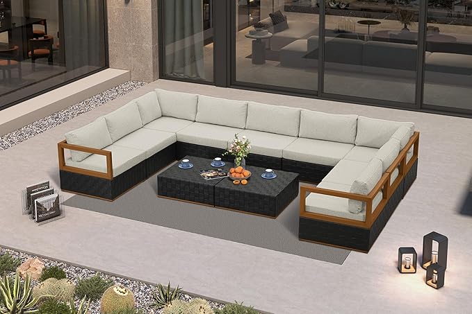 PURPLE LEAF Patio Conversation Sets 11 Pieces, Premium Leather Outdoor Couch Sectional Sofa, Patio Outdoor Furniture Set with Olefin Cushions, Patio Couch for Porch, Balcony, Garden, Black