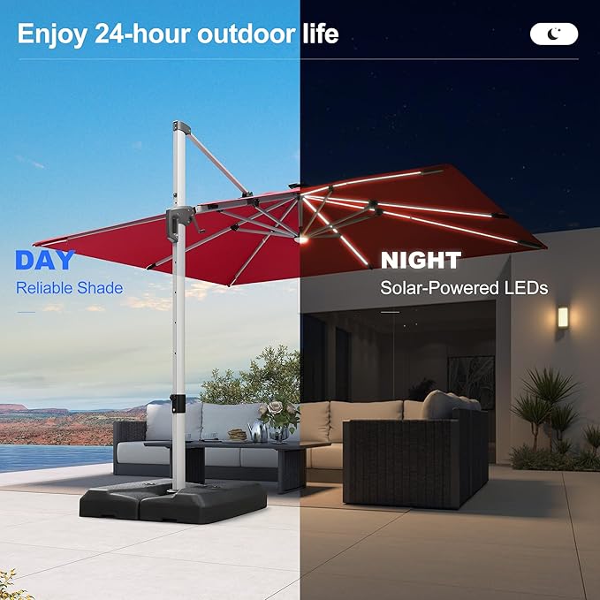 PURPLE LEAF 9' X 12' Patio Umbrella with Lights Outdoor Rectangle Cantilever Umbrella Solar Powered LED with 360-degree Rotation for Garden Deck Pool Patio, Terra