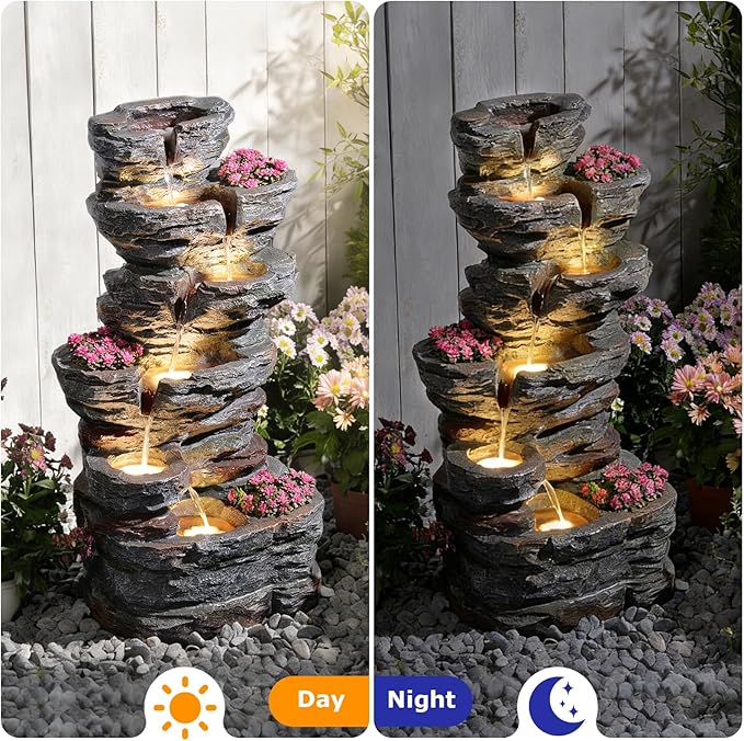 32.7’’H 6-Tier Rock Water Fountain Outdoor Cascading Waterfall Fountain with 3 Plant Nooks and LED Lights, Outdoor Water Fountain for Garden, Patio, Porch & Yard Decor