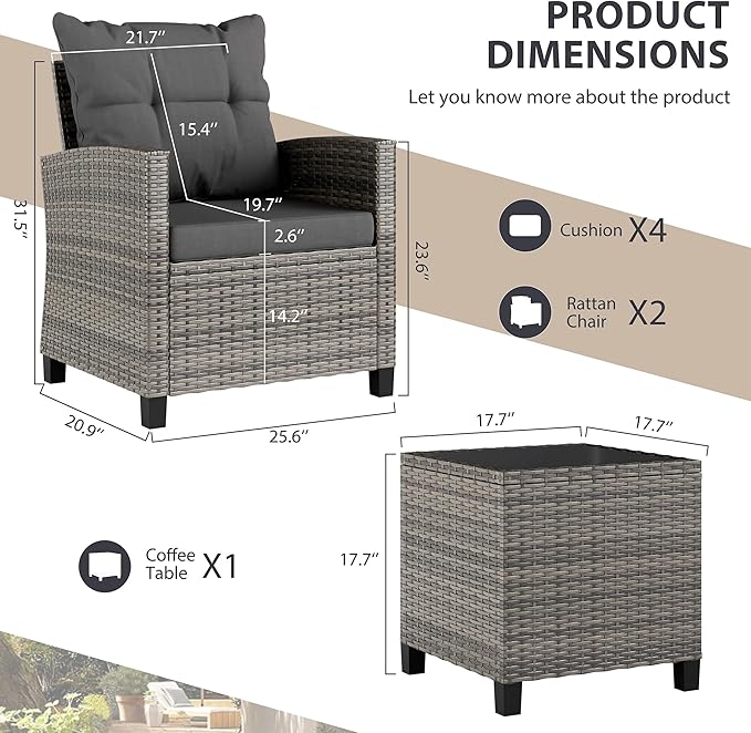 Vongrasig 3 Pieces Patio Furniture Set Small Outdoor Wicker Rattan Front Porch Bistro Set Cushioned Patio Chairs Conversation Set with Glass Table for Lawn, Garden, Backyard, Balcony, Gray