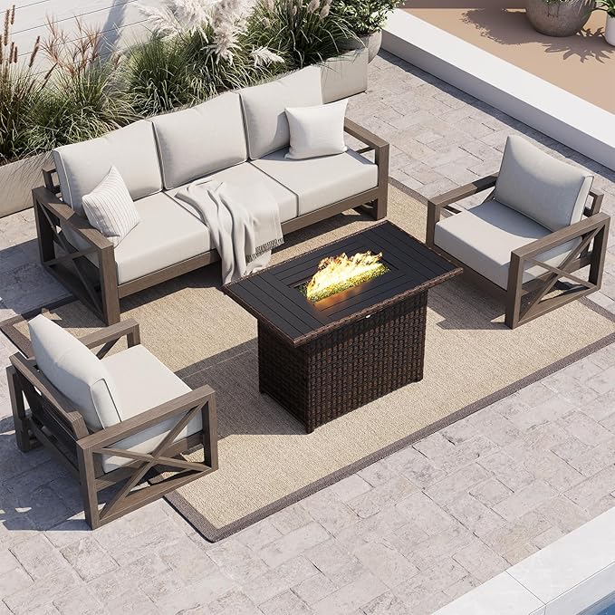 UDPATIO Aluminum Patio Furniture Set, Faux Wood Grain Modern Outdoor Furniture, 6" Cushions Metal Patio Conversation Sofa with Fire Table for Poolside Deck, 6 PCS, Beige(Include 600D Covers)