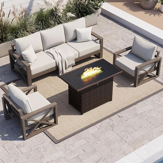 UDPATIO Aluminum Patio Furniture Set, Faux Wood Grain Modern Outdoor Furniture, 6" Cushions Metal Patio Conversation Sofa with Fire Table for Poolside Deck, 6 PCS, Beige(Include 600D Covers)