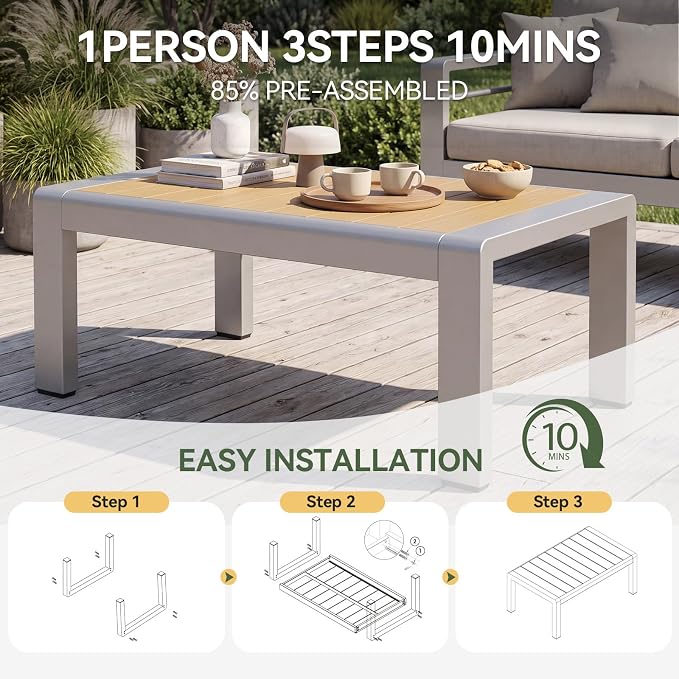 Aoxun Outdoor Aluminum Coffee Table for Patio Furniture Set, Rectangle Outdoor Coffee Table, All-Weather Patio Metal Coffee Table for Balcony, Garden, Deck, Backyard, Dark Grey