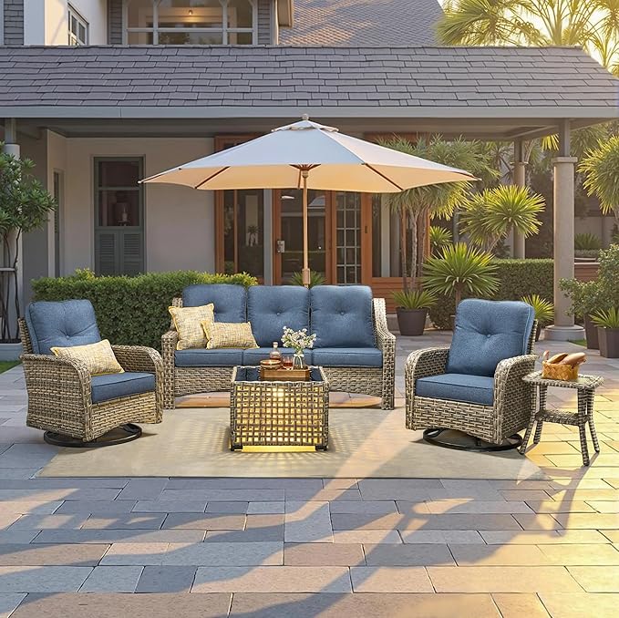 Outdoor Patio Furniture Set, 5-Piece PE Wicker Sofa with Shiny Table and Swivel Chairs, Outdoor Conversation Set for Patio, Garden, Backyard Light Blue