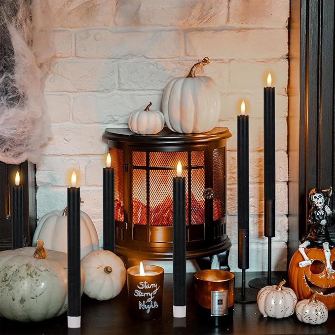 Wondise Halloween Flameless Taper Candles with Timer, Battery Operated Real Wax Black LED Candles 3D Wick Flickering Flame for Halloween Home Decoration, Set of 6（D0.78 x H9.5 Inch