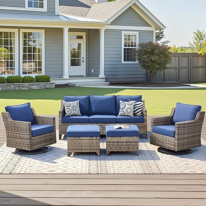 Outdoor Patio Furniture Set-5 Pieces All-Weather Wicker Outdoor Furniture with Swivel Patio Chairs Outdoor Patio Conversation Sets for Garden Porch Deck Grey/Blue