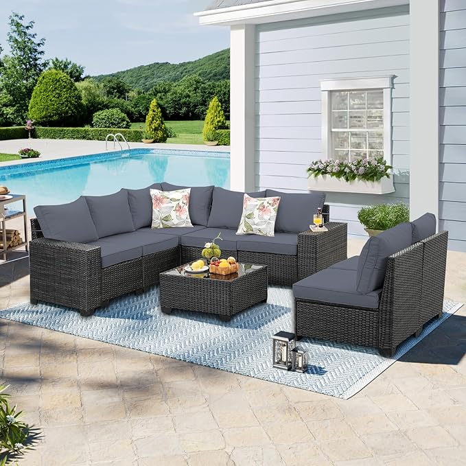 8 Pieces Patio Furniture Set, Wicker PE Rattan Outdoor Sectional with Cushion & Coffee Table, Patio Conversation Sofa for Garden, Backyard, Poolside, Grey