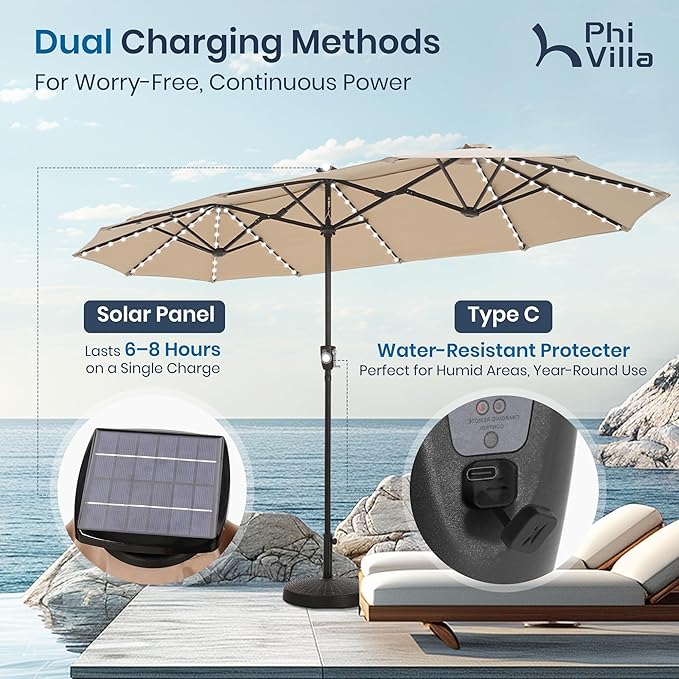 PHI VILLA 13ft Patio Umbrella with Solar-Powered 120 PCS LED Color-Changing Lights, Triple-Head Large Rectangle Umbrella Outdoor Patio for Table with Crank Lift,Beige(No Base)