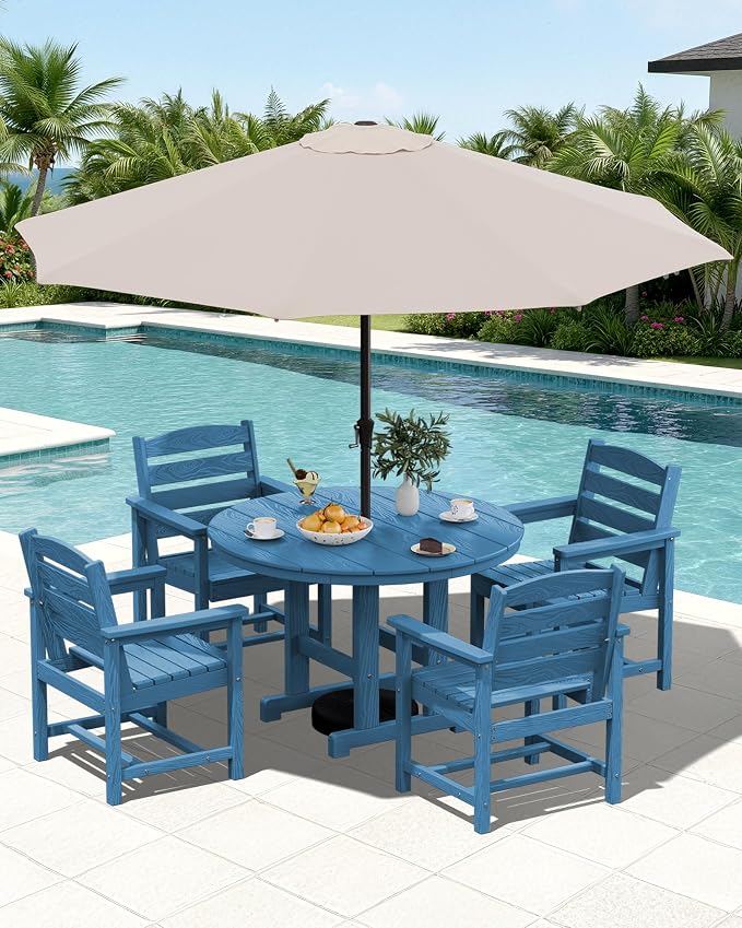 SERWALL 6-Piece Patio Dining Sets, HDPE Outdoor Table and Chairs Furniture Set with Umbrella, 45" Round Dining Table & 4 Dining Chairs & 1 9FT Umbrella, Navy(Not Include Umbrella Base)