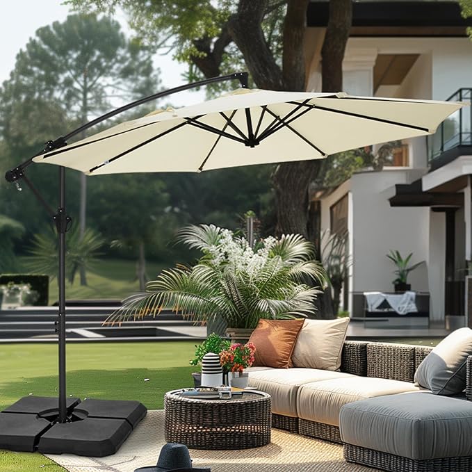 PHI VILLA 10ft Offset Patio Umbrellas, Outdoor Market Hanging Umbrella with 8 Ribs & Cross Base(No Weight), for Deck Pool Porch Backyard, Off-white