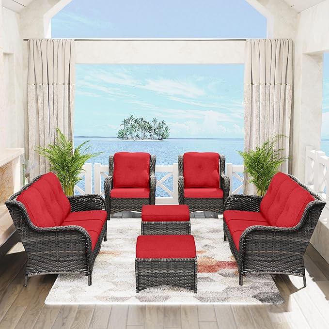 Outdoor Wicker Couch Set 6 Pieces - Outdoor Wicker Patio Furniture Set with 2 Armchairs, 2 Couch and 2 Ottomans, Olefin Cushions Included(Mixed Grey/Red)