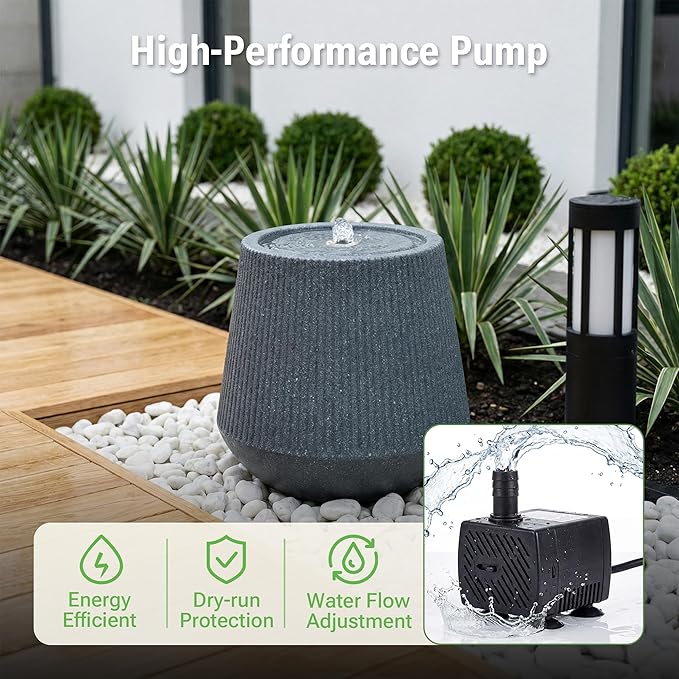 10-Inch Indoor Water Fountain, Made with Recyclable Polyethylene, Round Bubbler Indoor Water Fountain with LED Light, Home Art Decor for Garden, Patio, Porch, Yard, Deck, Balcony in Gray