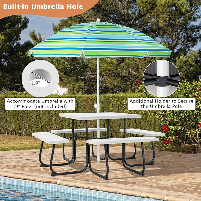 Giantex Picnic Table Set for 8 Persons, Outdoor Table and Bench with Umbrella Hole, HDPE Top & Metal Frame, 500LBS Capacity, Square Patio Table Bench for Deck Backyard Garden (White)