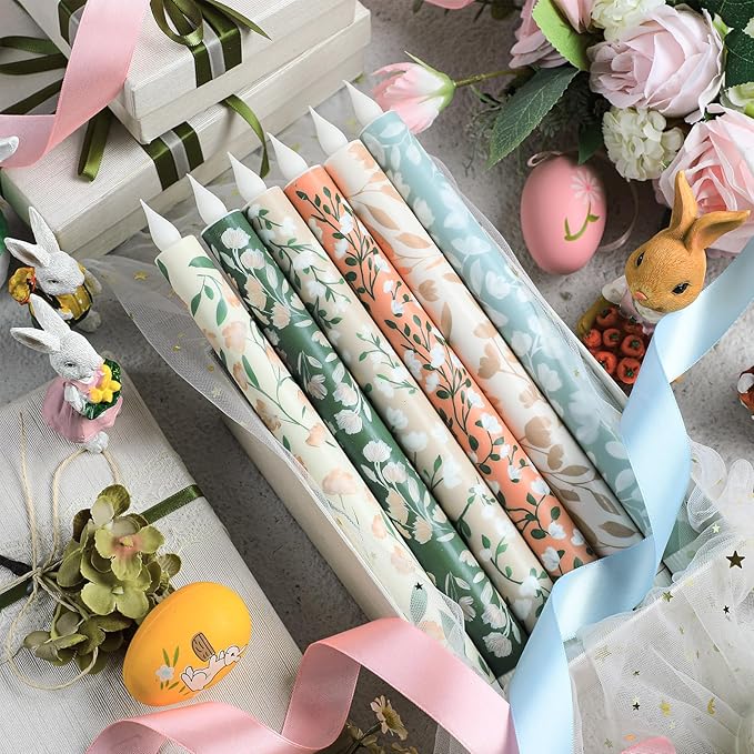 Honoson 6 Pcs Mother's Day Flameless Taper Candles 10.6 Inch Pastel Spring Flower Candles Battery Operated LED Candlesticks for Mother's Day Dinner Table Home Party Decor