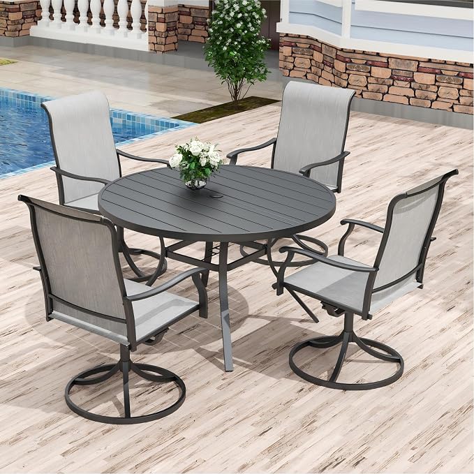 Anmutig 5-Piece Outdoor Dining Set, 48" Round Table with 4 Swivel Textilene Chairs All Weather Furniture Set - Light Grey