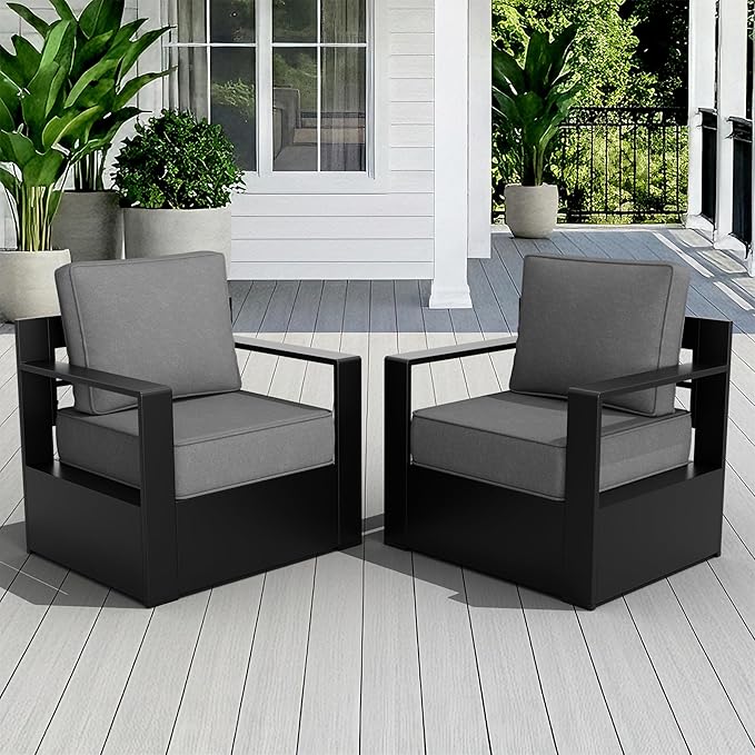 Outdoor Patio Furniture Aluminum Patio Chairs, All-Weather Metal Outdoor Chair with 6 Inch Thick Cushions, Deep Setting for Garden, Outside and Porch, Grey