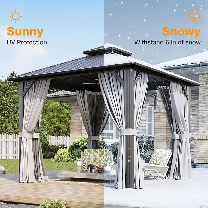 10x10FT Hardtop Gazebo, Metal Frame with Double Galvanized Steel Roof, Permanent Outdoor Pergola with Curtains and Netting Included for Backyard, Patio, Lawn and Garden, Gray