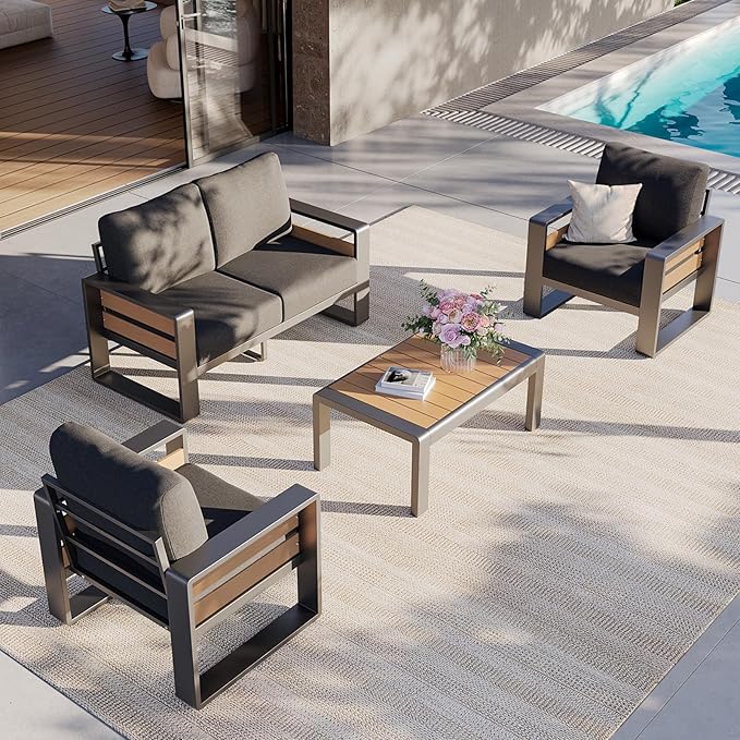 Aoxun Aluminum Patio Furniture Set, 4 Seats Sectional Metal Patio Furniture with Coffee Table, Thick Cushions and Waterproof Cover, Modern Outside Sectional Set for Backyard/Garden/Poolside, Dark Grey