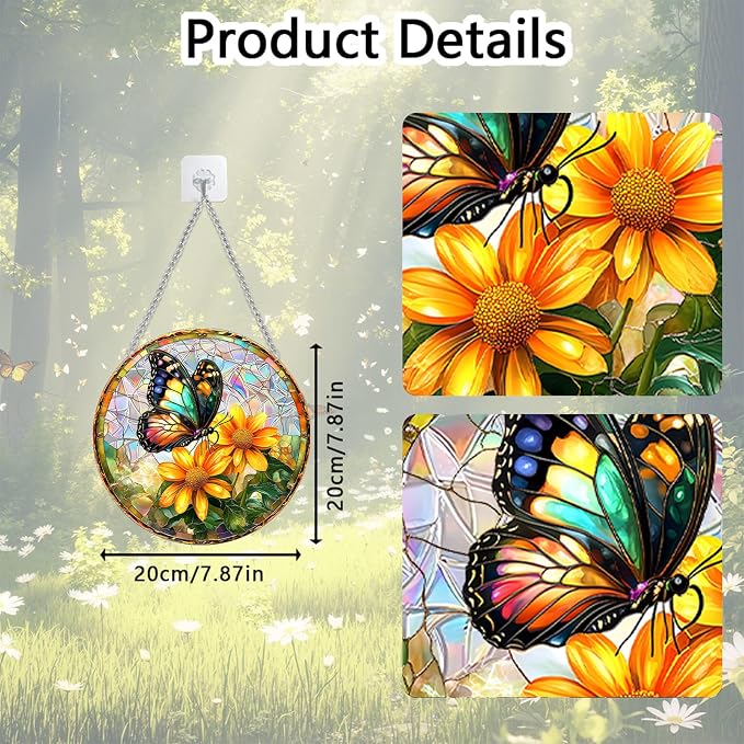 Acrylic Suncatcher Window Hanging, Butterfly & Flower Sun Catcher Rainbow Indoor Window Decoration for Living Room Bedroom Summer Home Balcony Ornaments, 7.87 inches