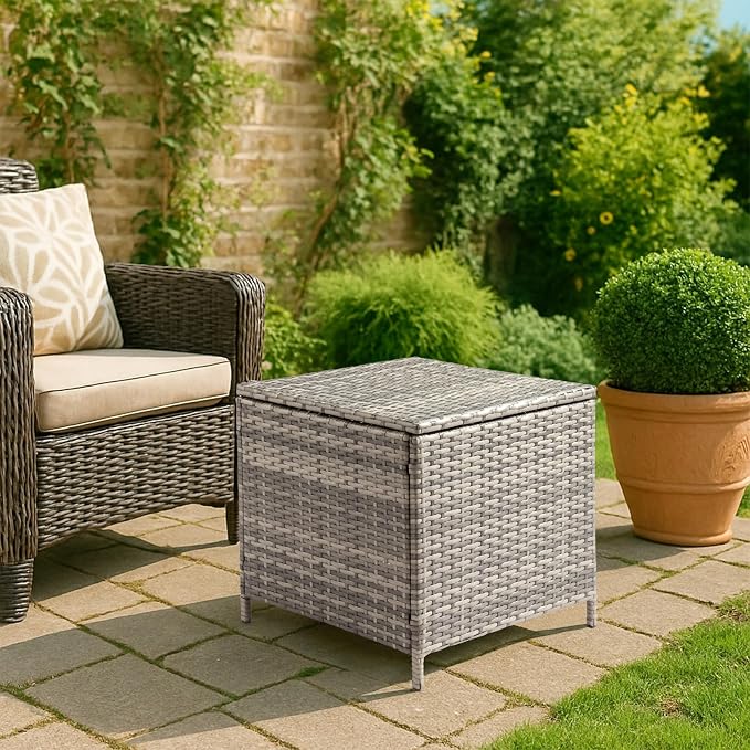 20.8in Outdoor PE Wicker Side Table,Square Patio Rattan End Table,Outside Storage Bin Container,All-Weather Small Storage Box Tables,with Lid,for Garden Porch Poolside Deck Backyard (Grey)