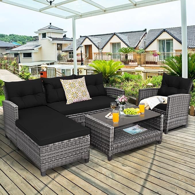 Tangkula 4 Pieces Rattan Conversation Set, Patiojoy Outdoor Furniture Set with Cushions, Lounge Sofa Set with Coffee Table, Patio Sectional Sofa Set for Patio Garden Poolside Backyard (Black)