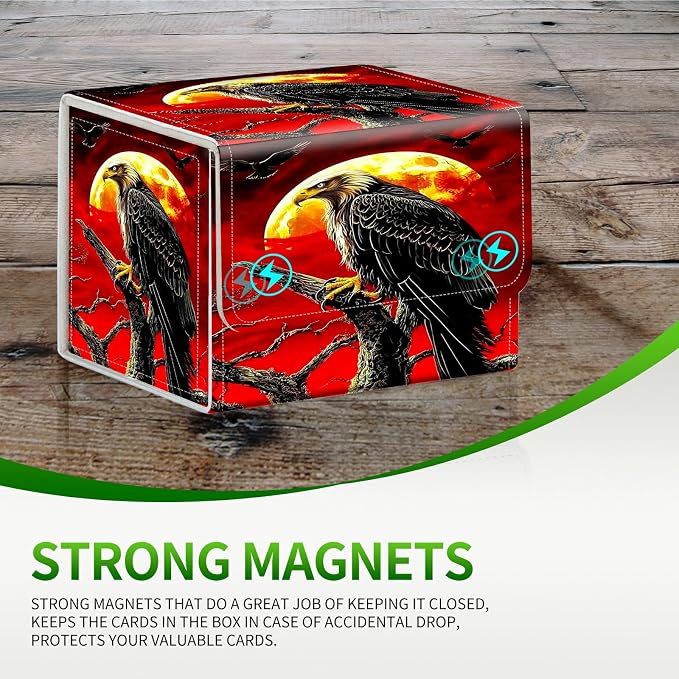 Card Deck Box for MTG, Cards Storage Box Fits 120+ Sleeved, Leather Small Size Strong Magnetic Closing Card Case for Board Games Magic TCG CCG Baseball Collection, Red Sky Eagle