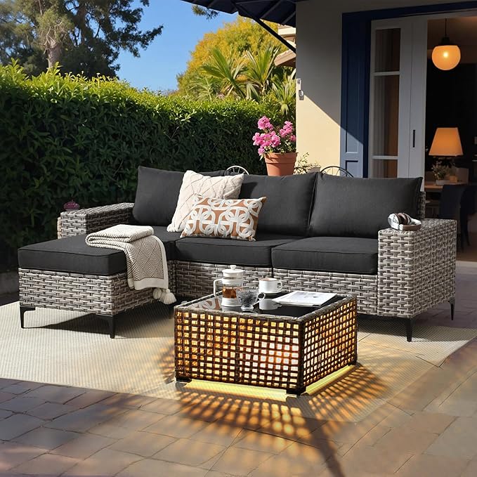 HOOOWOOO Outdoor Sectional Furniture Set with Solar Table,5 Pieces Wicker Patio Conversation Sets,L Shape All Weather Resistant Outside Couch Sofa Ottoman,Black