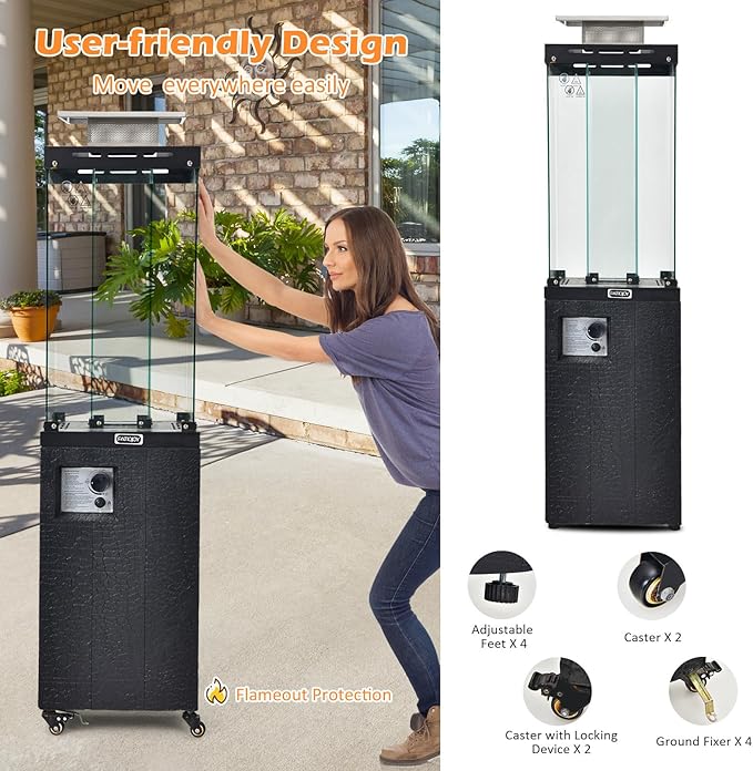 Tangkula 41,000 BTU Propane Patio Heater with Waterproof Cover, Outdoor Heater with Lockable Wheels, Adjustable Feet, Tempered Glass Tube, Suitable for Garden Porch Patio Deck (Black)