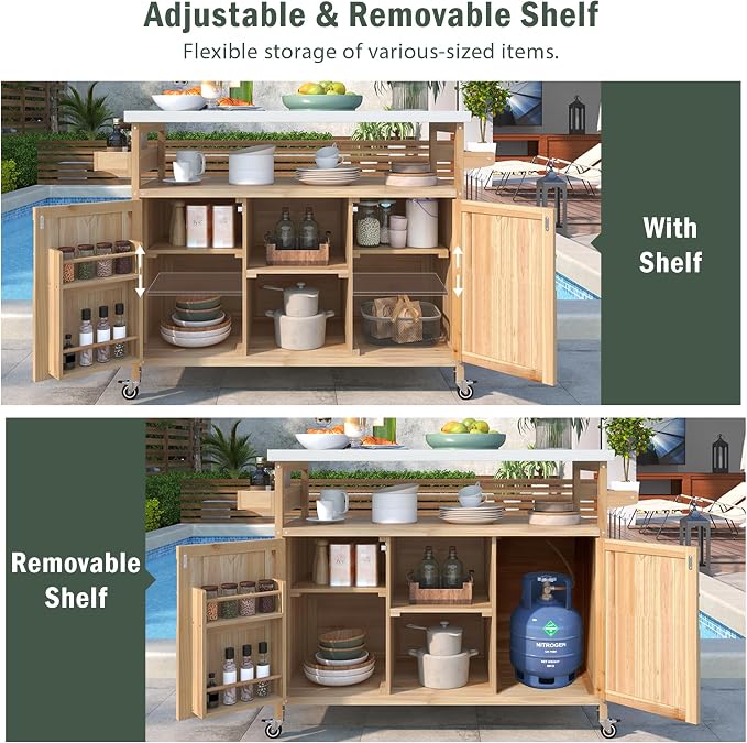 Large Outdoor Rolling Patio Bar Table Cart, Outdoor Kitchen Island Cart Grill Table, Farmhouse Solid Wood Outdoor Serving Cart Prep Table with Stainless Steel Top for Grill/Kitchen, Natural