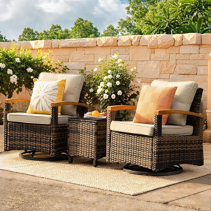 MEISSALIVVE 3 Piece Outdoor Swivel Rocking Chairs, Patio Furniture Bistro Set with 360° Wood Armrests Swivel Glide Chairs and Side Table for Deck Yard and Poolside (Beige)