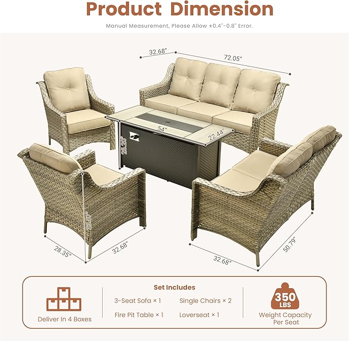 HOOOWOOO Patio Furniture Set,5 Pieces Wicker Outdoor Furniture,High Back Conversation Set with All Weather Resistant Fire Pit Table Couch Loveseat Chairs,Beige Tan