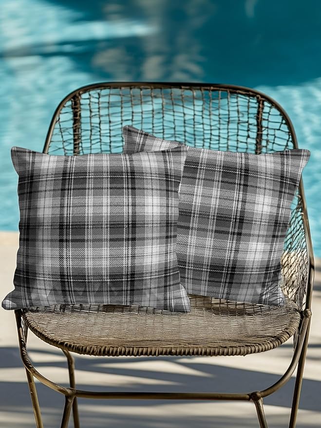 Waterproof Outdoor Pillow Set of 2 Gray Checked Plaid Decorative Throw Pillows Cover & Insert 18x18 Inch Pillowcase Stripes Woven Grid Square Pillows for Couch Sofa Bed Patio Furniture Indoor Outdoor