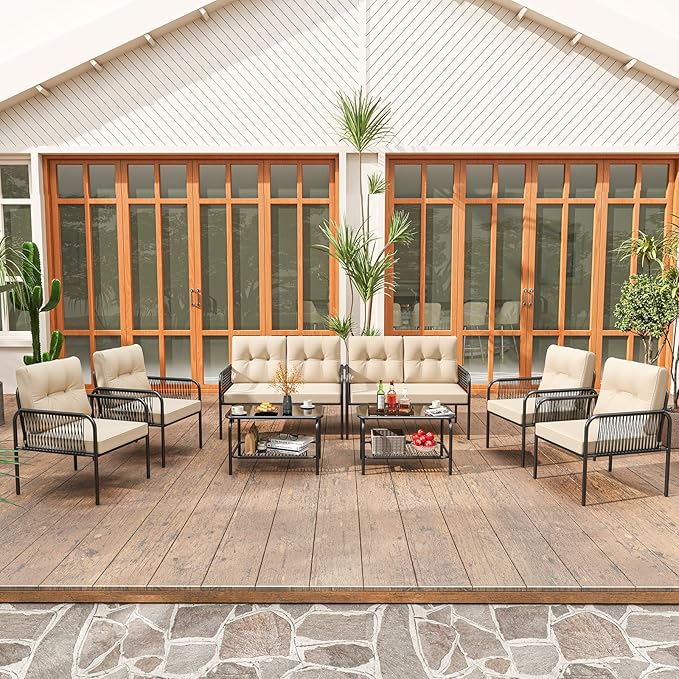 Tangkula 8 Pieces Patio Furniture Set, PE Rattan Sofa Chairs with Loveseat, Tempered Glass Coffee Table and Soft Cushions, Outdoor Conversation Set for Porch, Backyard, Garden and Poolside