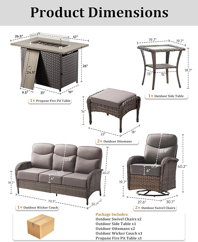 7-Piece Luxury Patio Furniture Set with 6-Inch Thick Cushions, High-Back Outdoor Sofa & Swivel Rocking Chairs with Wicker 42" Fire Pit, All-Weather Conversation Set for Porch, Deck, Yard – Gray